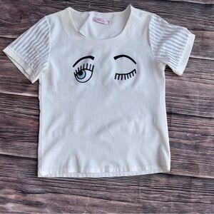 GUC Women YiLake White Winking Eye Graphic Top Sheer Stripe Sleeve Sz Sm/Med